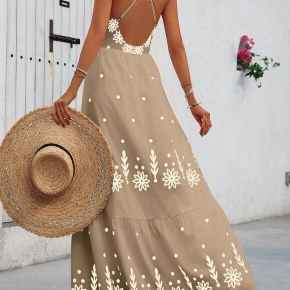 Multicolor Boho Women's Long Camisole Printed Hawaiian Style Maxi Dress - Picture 2 of 6